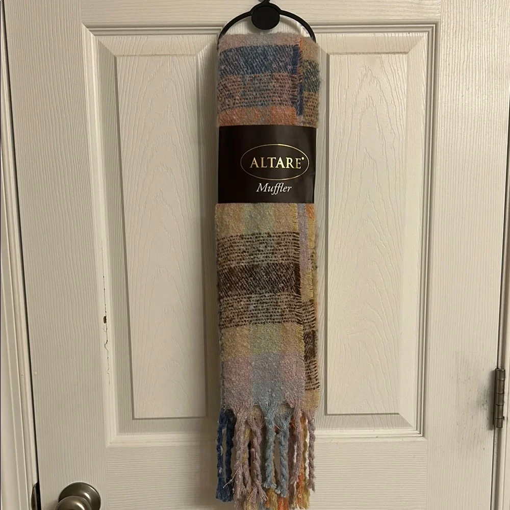 Altare Cream Blue Orange Plaid Muffler Scarf with Fringe Detail